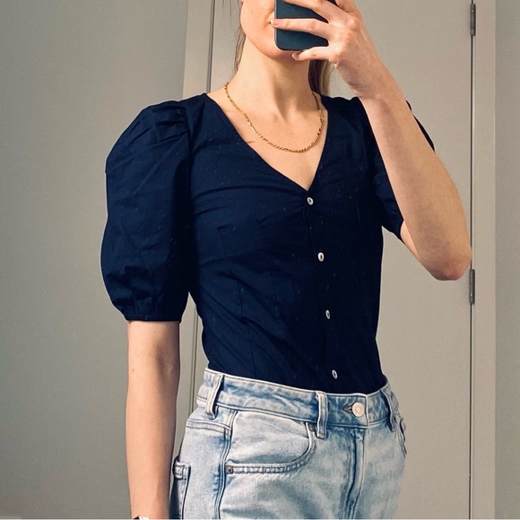 French Connection Tops - French Connection - NWT - Indigo Armina Oeganic Poplin Puff Sleeve - Size 4